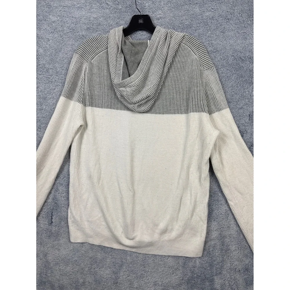 Express Mens M White Grey Hooded Sweater Colorblock Ribbed Knit Pullover